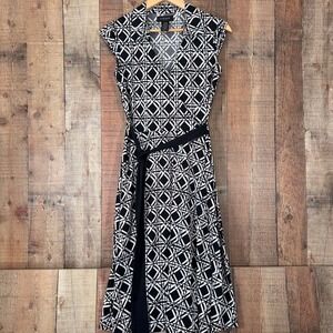 Geometric Faux Wrap Dress Black White Medium Career Classic Business Minimalist